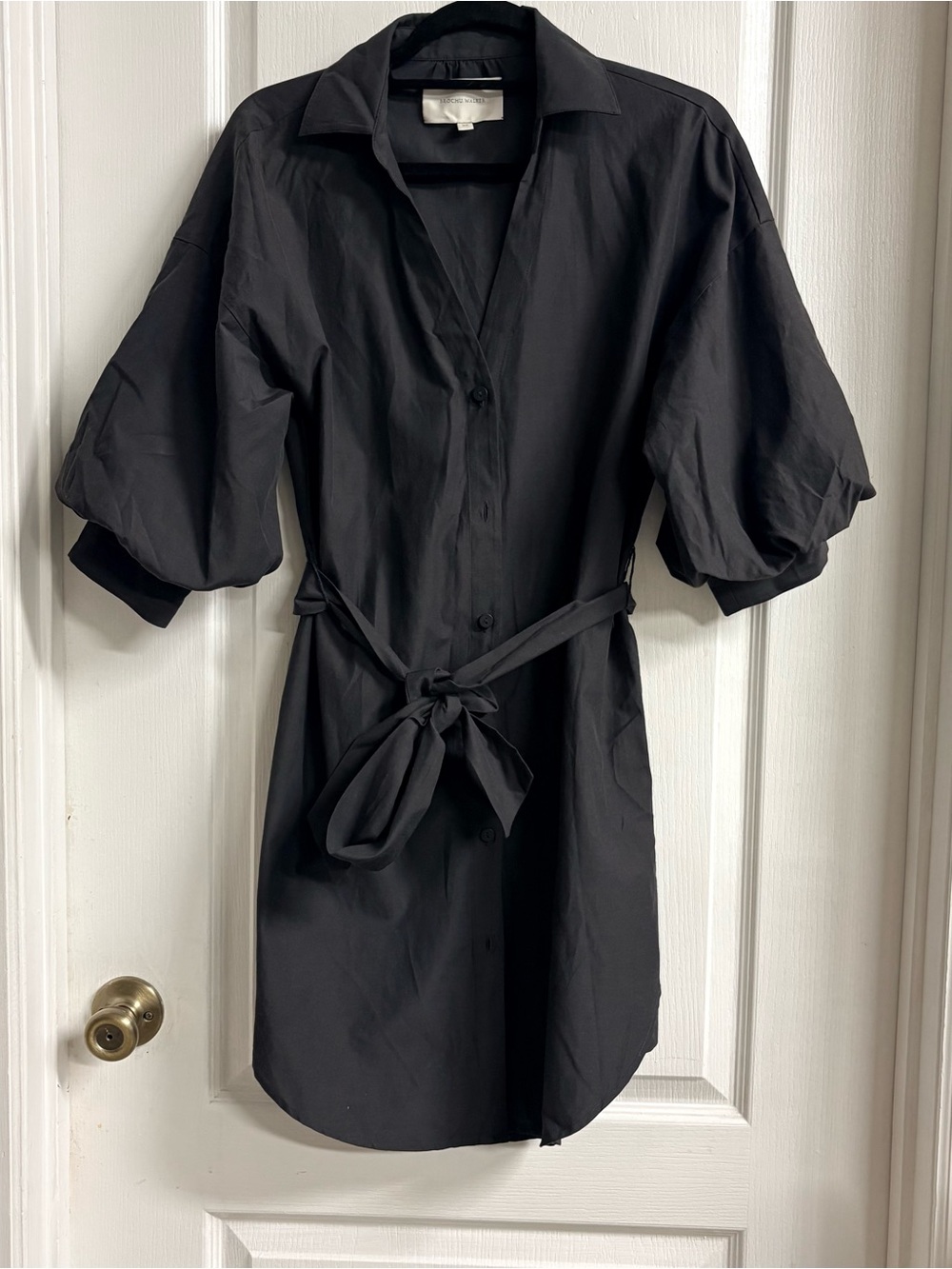 Brochu Walker Black Puff-Sleeve Midi Shirt Dress with Tie Waist